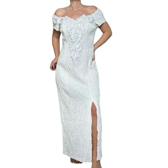 Vintage 90s Flirtation White Maxi Evening Dress Slit Off Shoulder Size Large